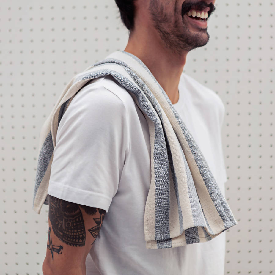 Farmhouse Kitchen Towel Set of 4 – 100% Upcycled Cotton, Natural & Denim