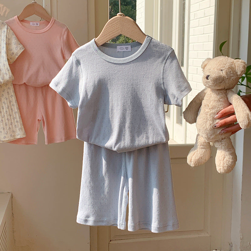 Children's Summer Sleepwear Set, Girls' Lightweight Short Sleeve and Shorts Breathable Cotton Pajamas, Baby Air Conditioning Home Wear