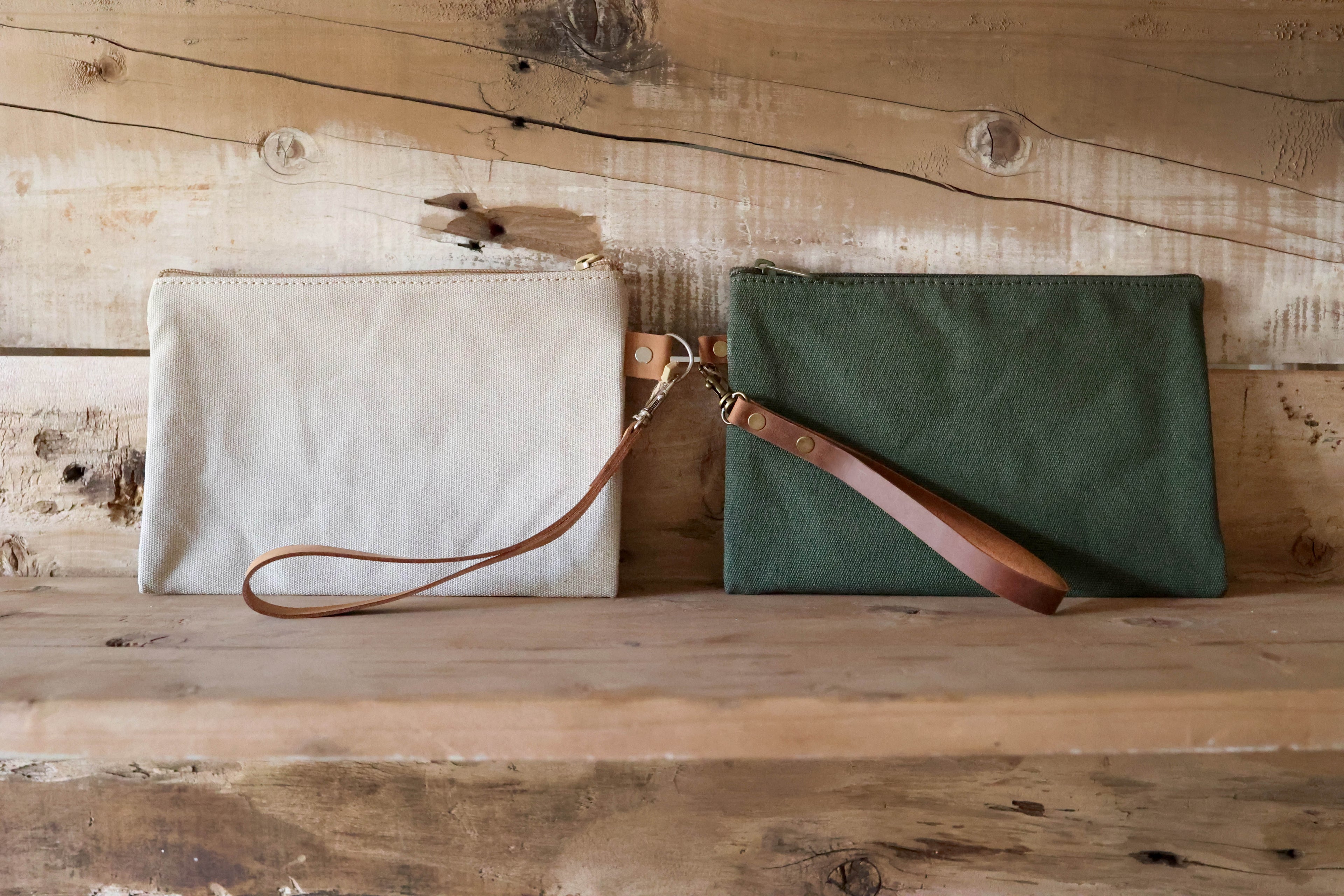 Canvas Clutch & Zippered Pouch | Leather Wrist Strap