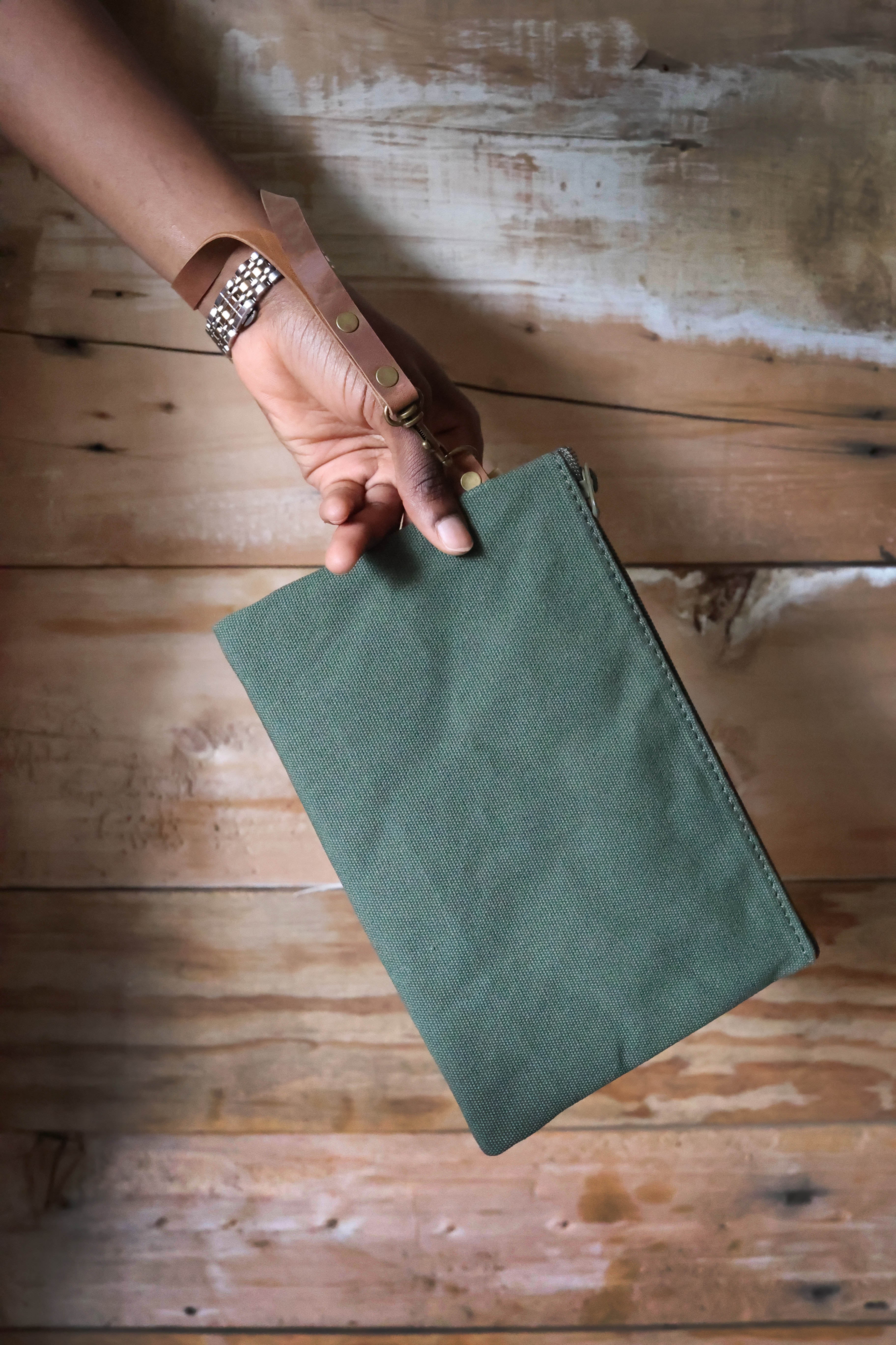 Canvas Clutch & Zippered Pouch | Leather Wrist Strap