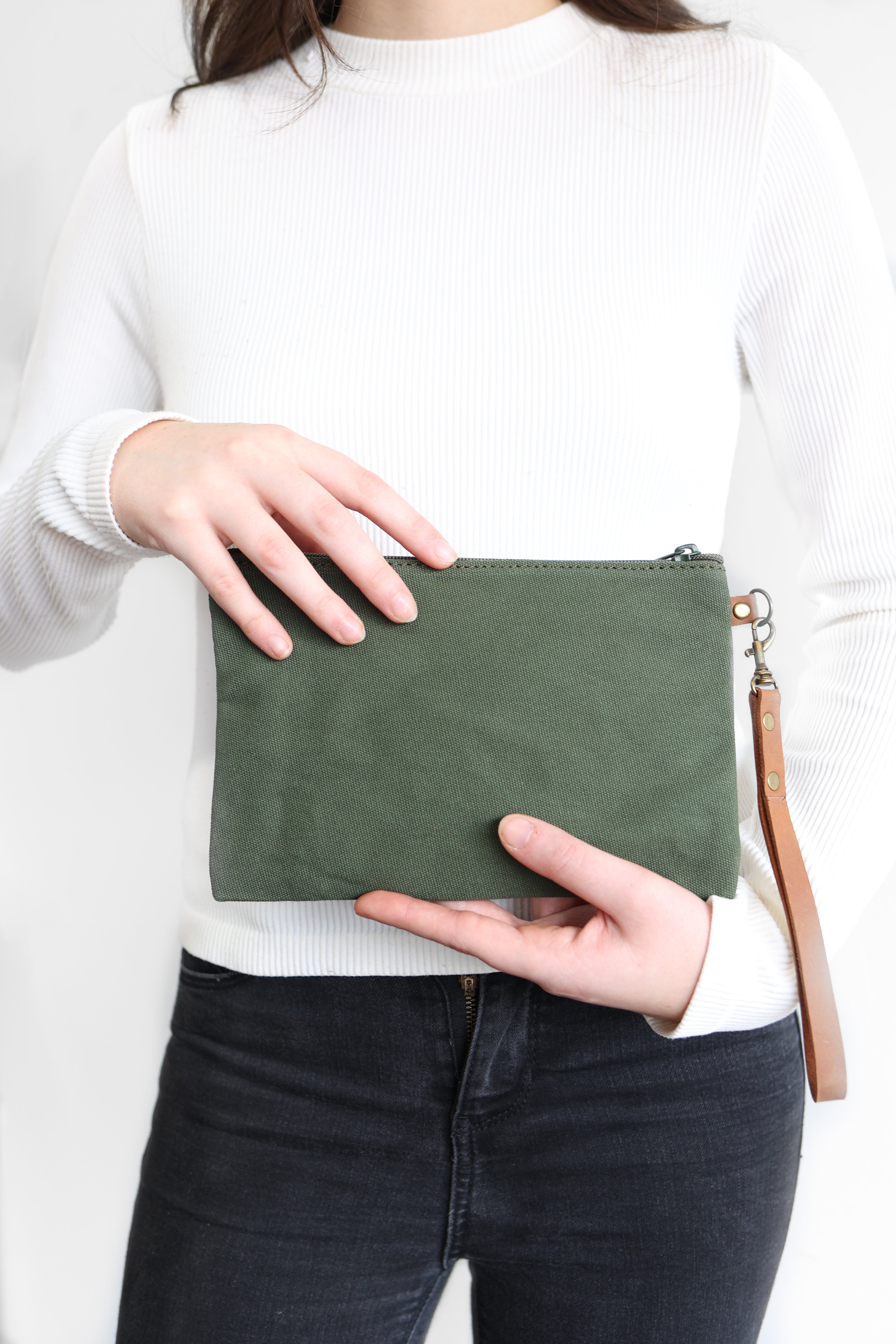 Canvas Clutch & Zippered Pouch | Leather Wrist Strap