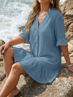 Lady Beach Cover-Up V-Neck Ruffle Button Front Casual Vacation smock Dress