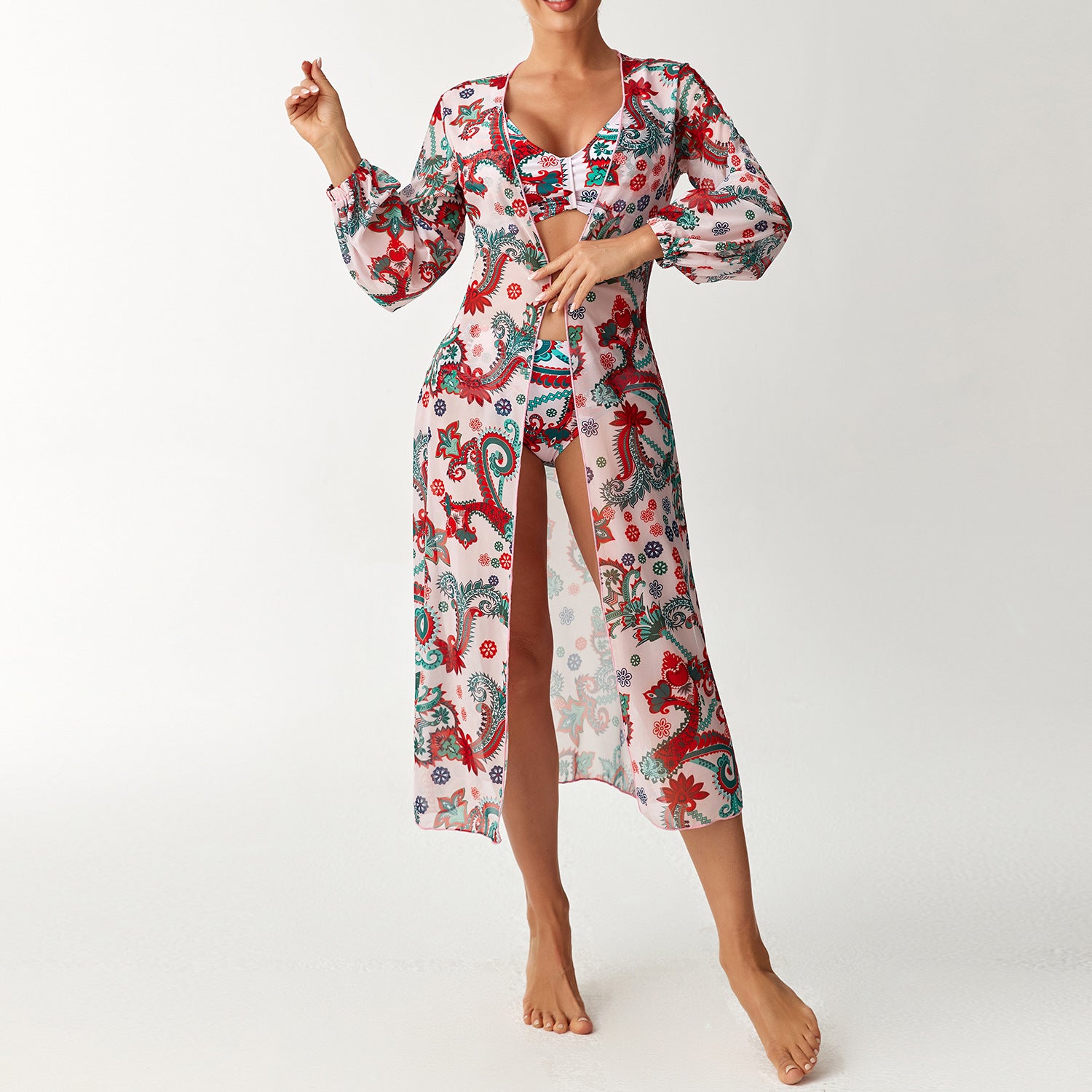 Printed split swimsuit three piece long sleeved set