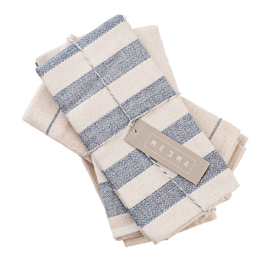 Farmhouse Kitchen Towel Set of 4 – 100% Upcycled Cotton, Natural & Denim