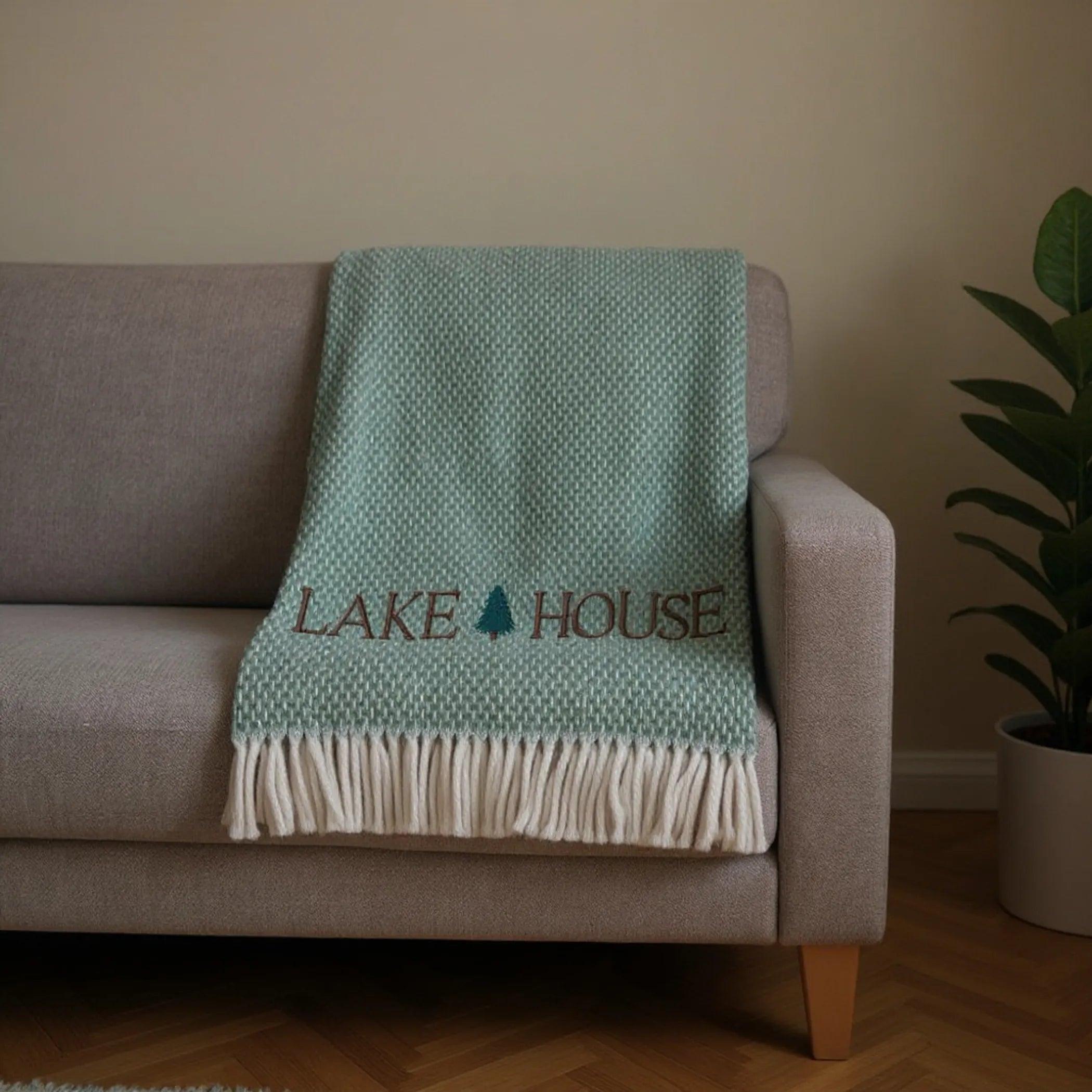 Sage Cotton Blend Lake House EmbroideThrow Blanket with Fringe