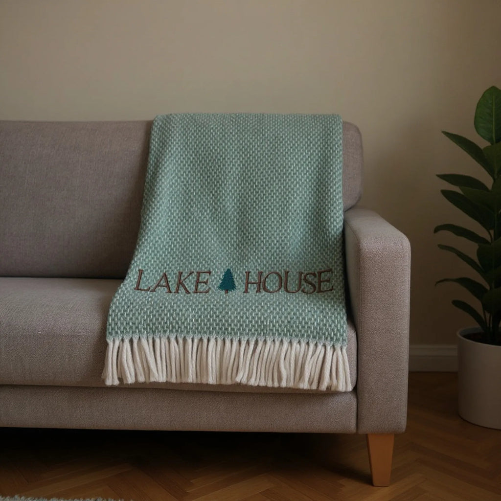 Sage Cotton Blend Lake House EmbroideThrow Blanket with Fringe
