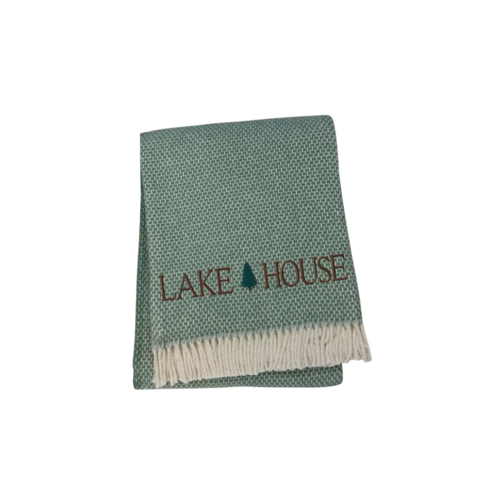 Sage Cotton Blend Lake House EmbroideThrow Blanket with Fringe