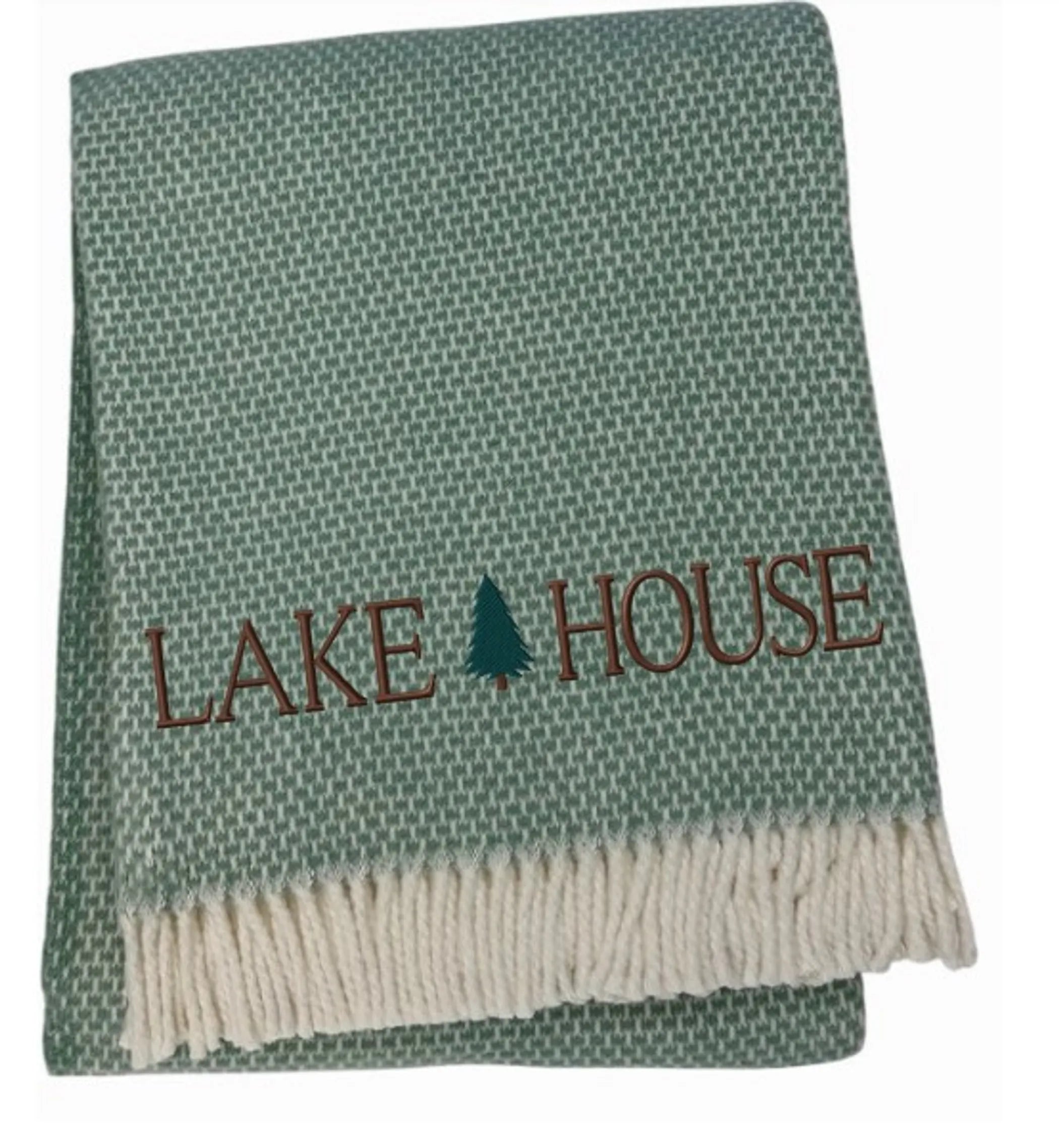 Sage Cotton Blend Lake House EmbroideThrow Blanket with Fringe