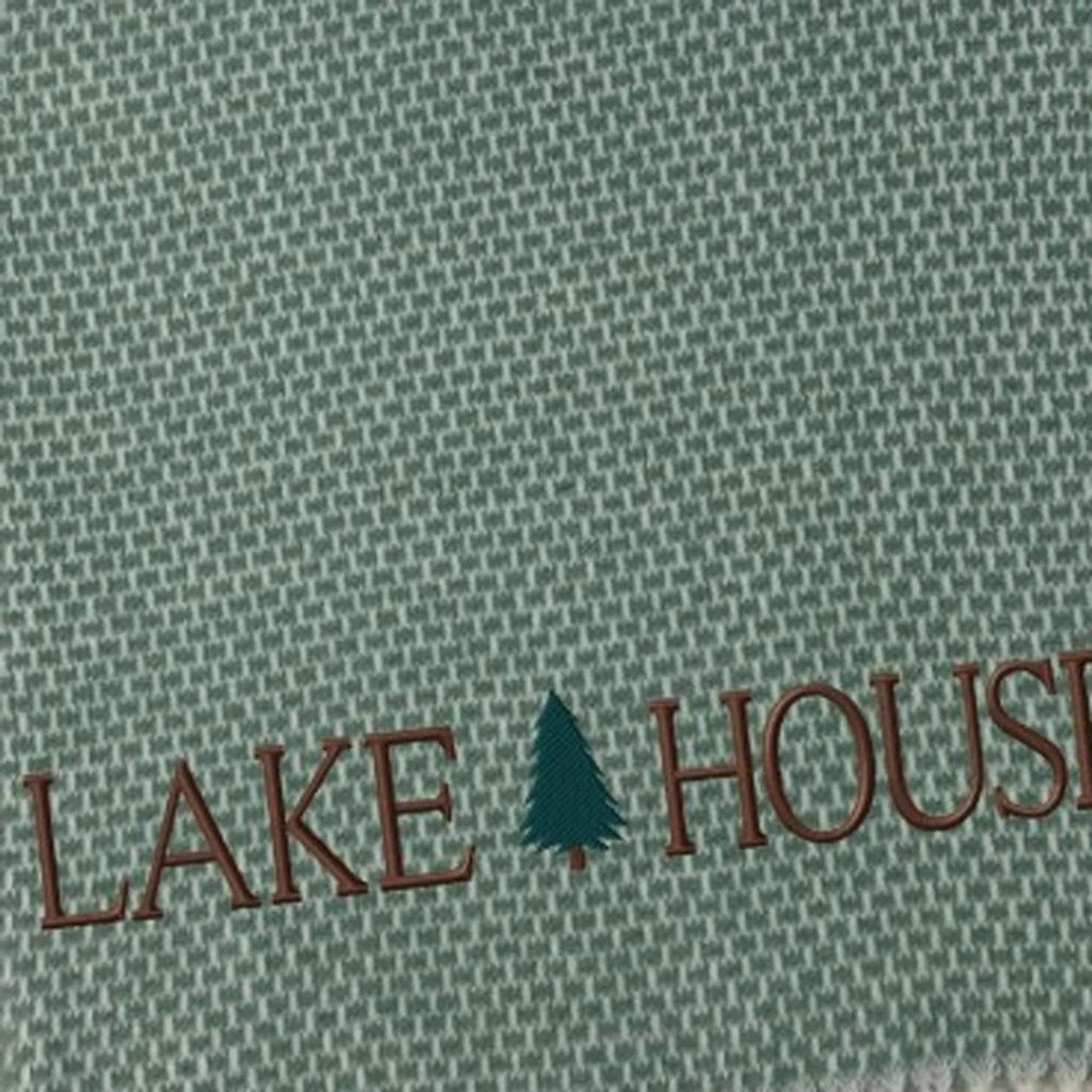 Sage Cotton Blend Lake House EmbroideThrow Blanket with Fringe