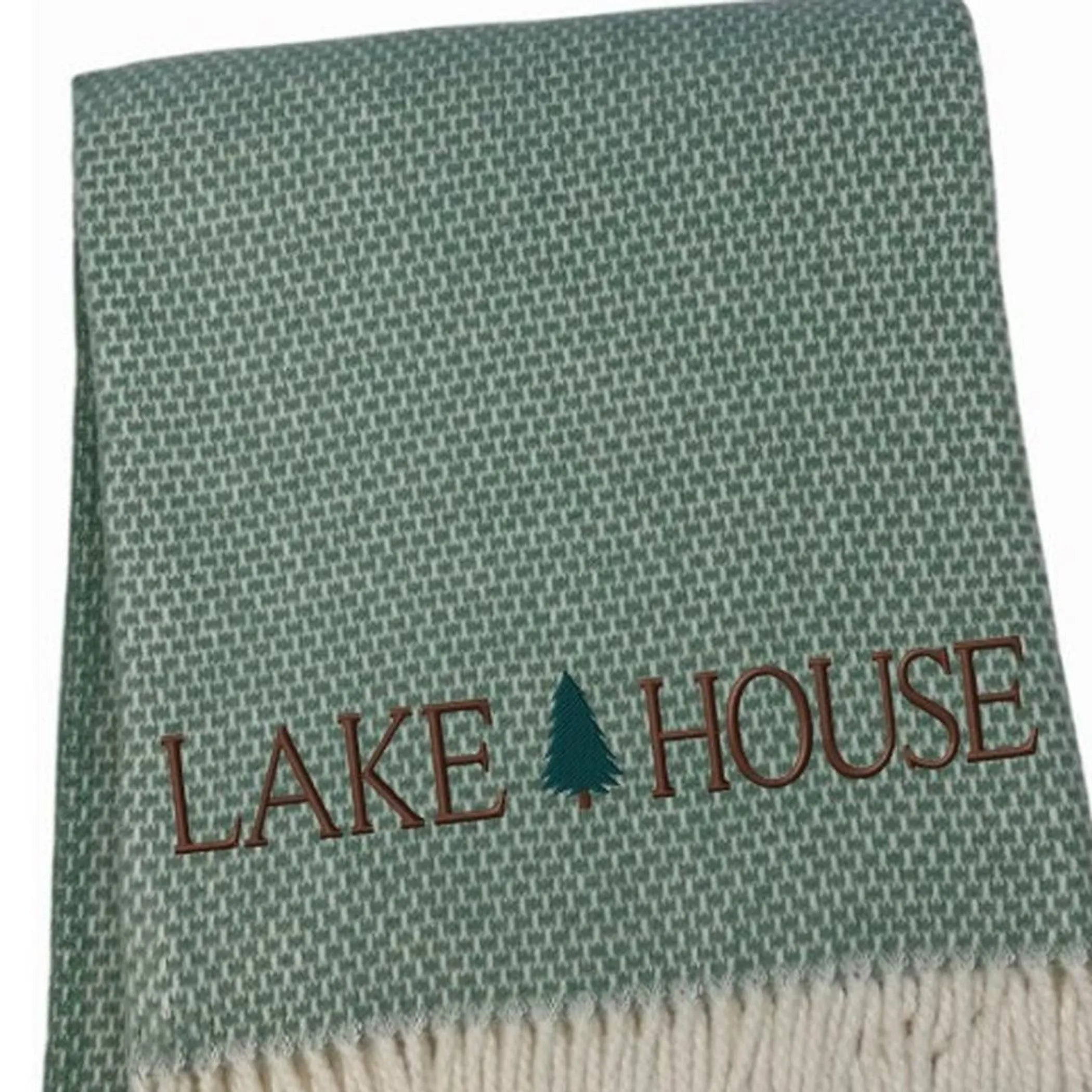 Sage Cotton Blend Lake House EmbroideThrow Blanket with Fringe