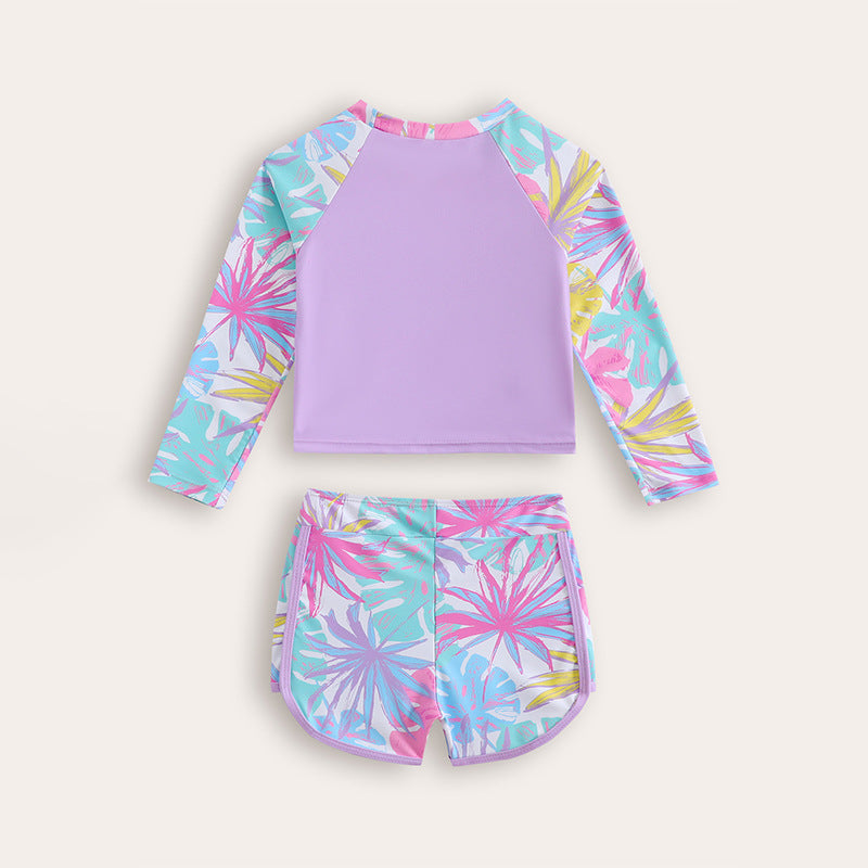 Cute Maple Leaf Print Long Sleeve Conservative Swimwear for Girls