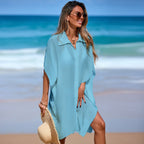 Beach Cover-Up Polo Collar Shirt Sheer Top Loose Short Sleeve Bikini Cover-Up