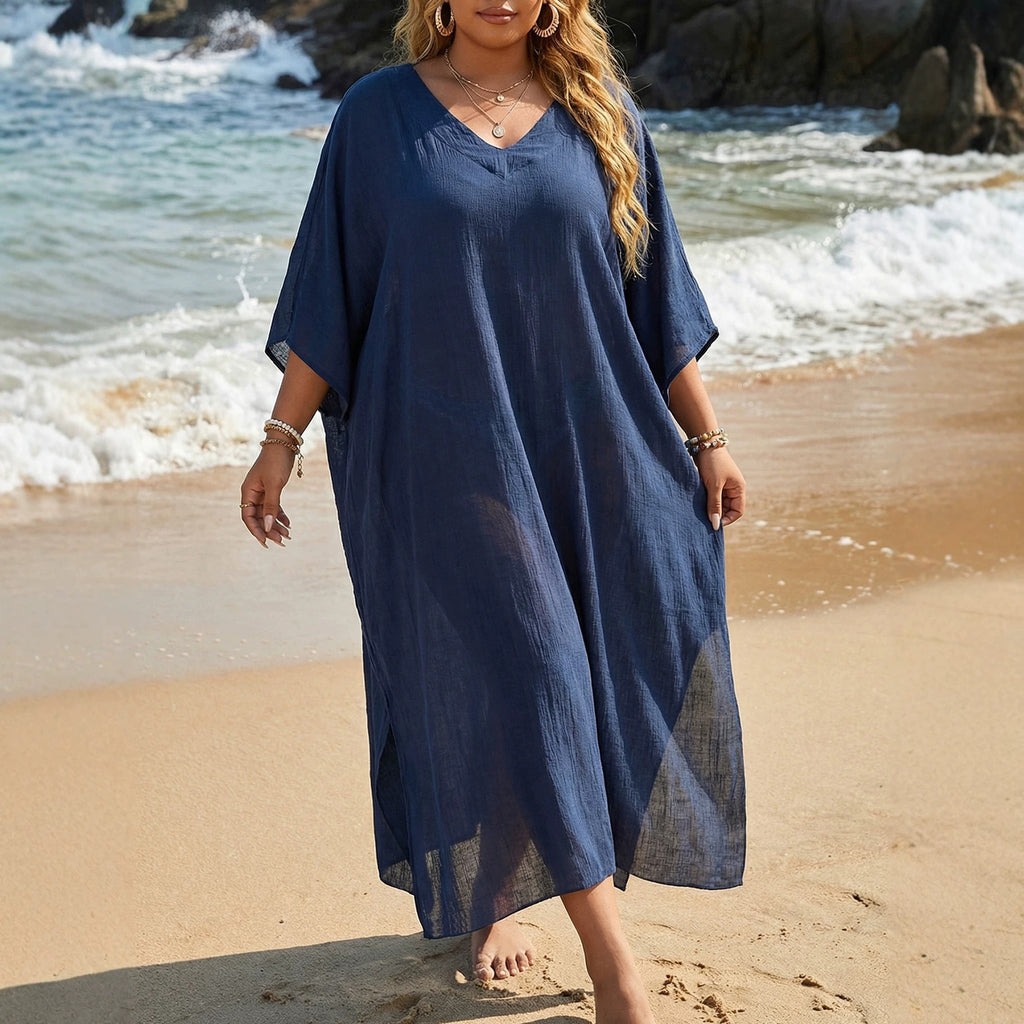 Plus Size Women's Bikini Cover-up V-Neck Loose Casual Dress with Slit Floor-Length Beach Dress