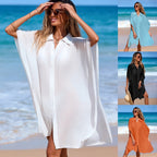 Beach Cover-Up Polo Collar Shirt Sheer Top Loose Short Sleeve Bikini Cover-Up