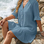 Lady Beach Cover-Up V-Neck Ruffle Button Front Casual Vacation smock Dress