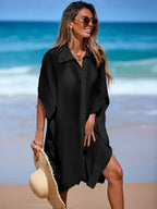 Beach Cover-Up Polo Collar Shirt Sheer Top Loose Short Sleeve Bikini Cover-Up