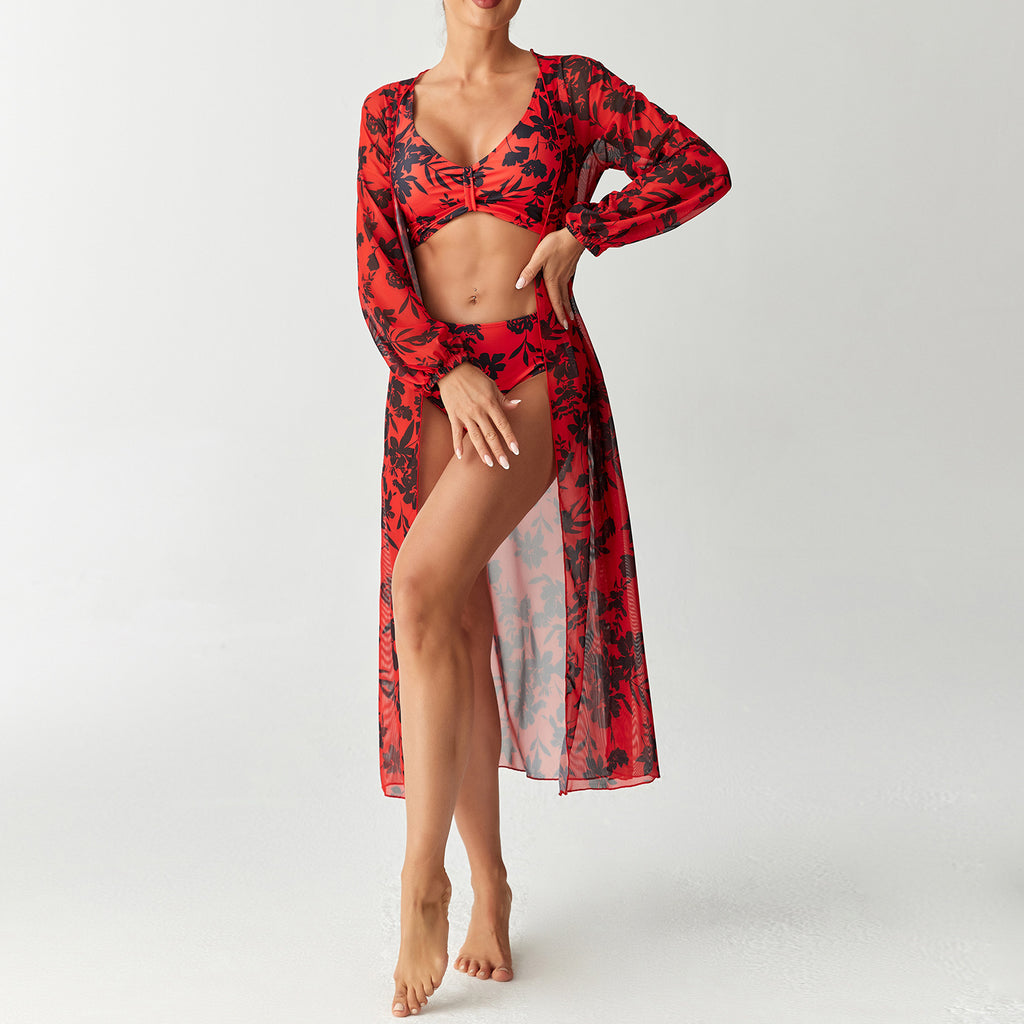 Printed split swimsuit three piece long sleeved set