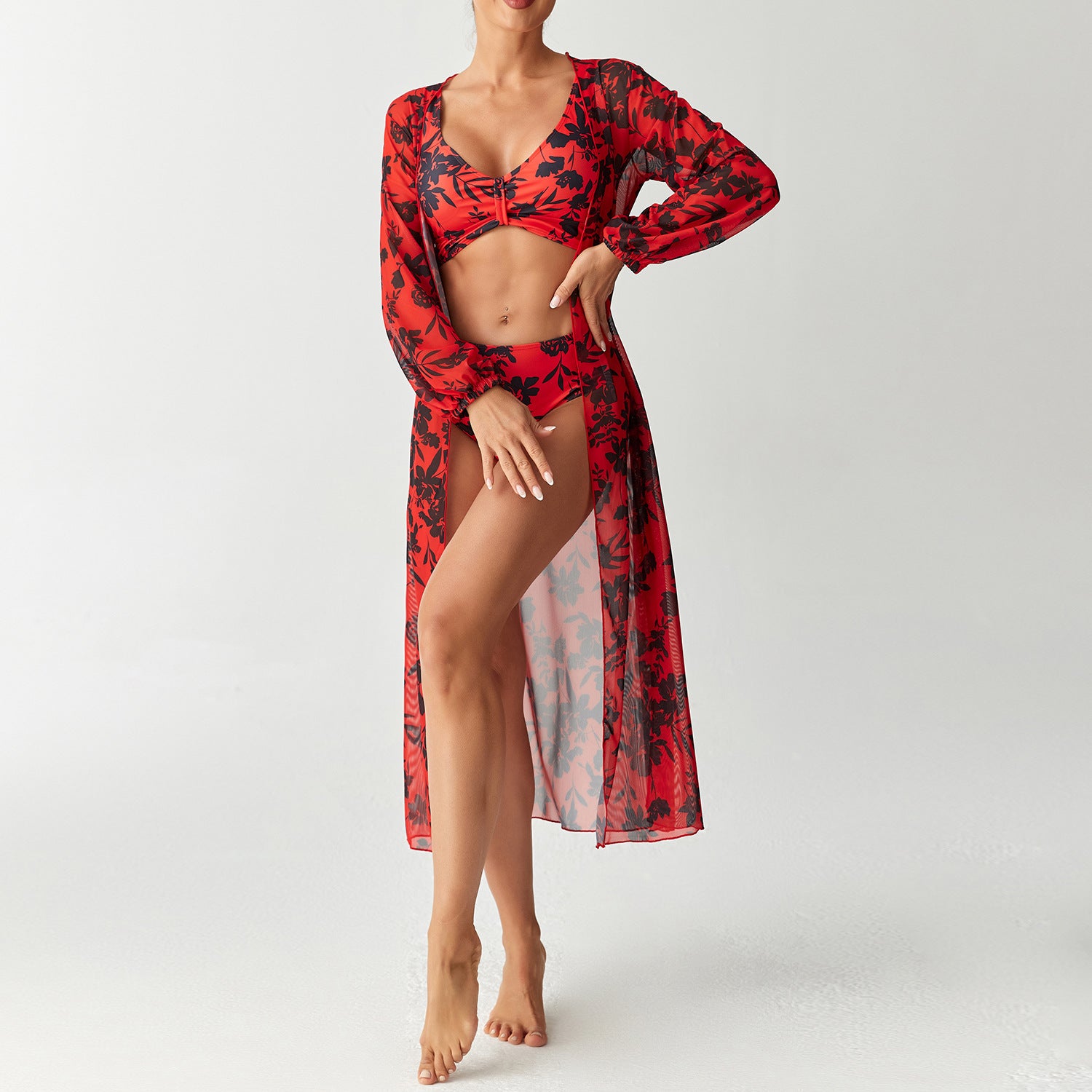 Printed split swimsuit three piece long sleeved set