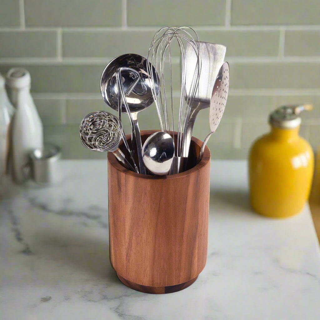 Acacia Wood Rotating Lazy Susan Utensil Holder | Handcrafted Kitchen Organizer