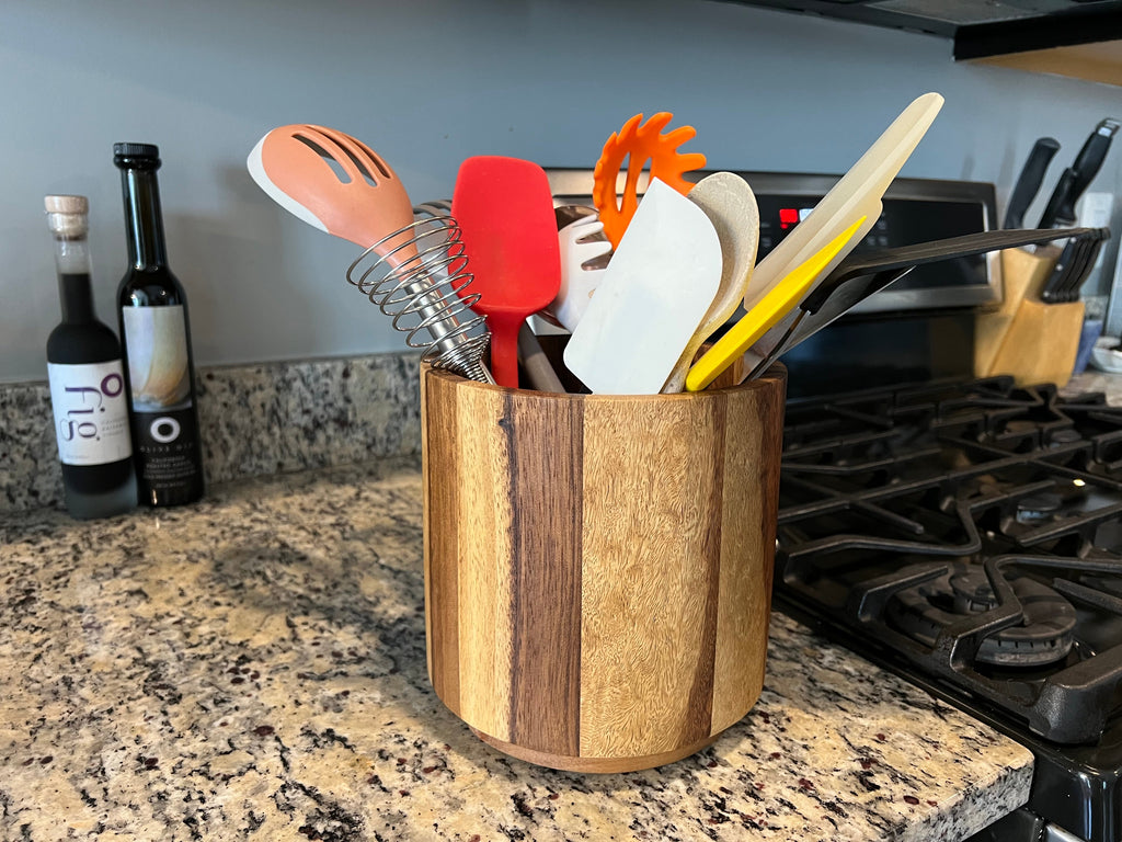 Acacia Wood Rotating Lazy Susan Utensil Holder | Handcrafted Kitchen Organizer