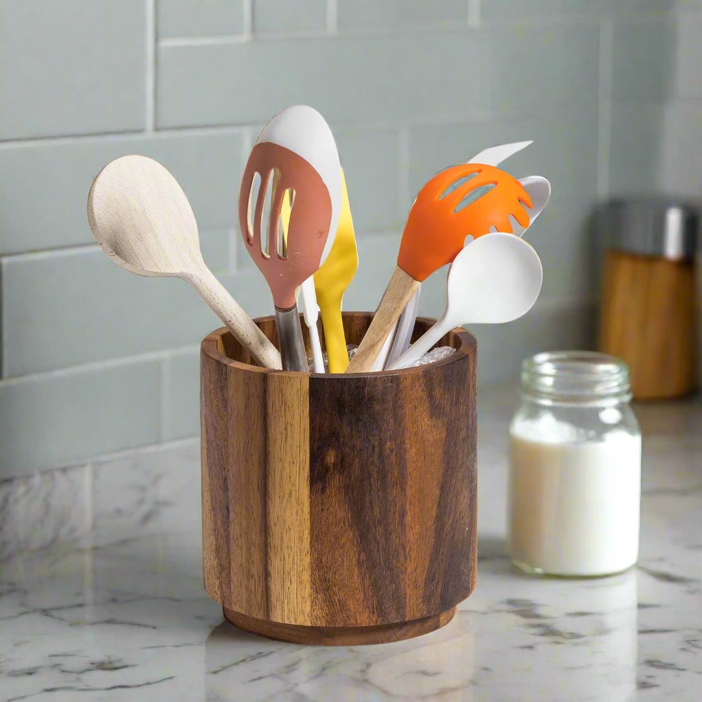 Acacia Wood Rotating Lazy Susan Utensil Holder | Handcrafted Kitchen Organizer