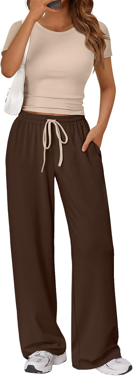 Trendy Queen 2 Piece Matching Summer Lounge Set Womens Side Ruching Top Wide Leg Pants Sets with Pockets