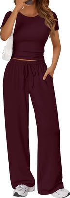Trendy Queen 2 Piece Matching Summer Lounge Set Womens Side Ruching Top Wide Leg Pants Sets with Pockets