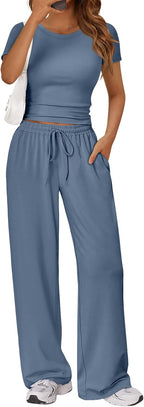 Trendy Queen 2 Piece Matching Summer Lounge Set Womens Side Ruching Top Wide Leg Pants Sets with Pockets