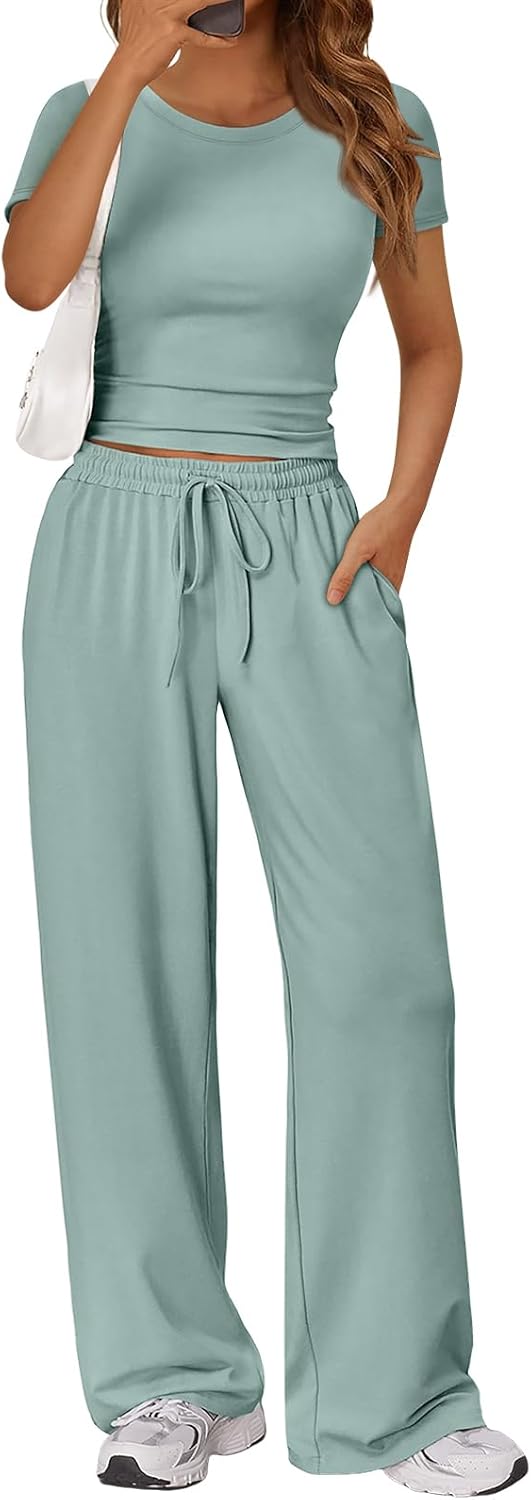 Trendy Queen 2 Piece Matching Summer Lounge Set Womens Side Ruching Top Wide Leg Pants Sets with Pockets