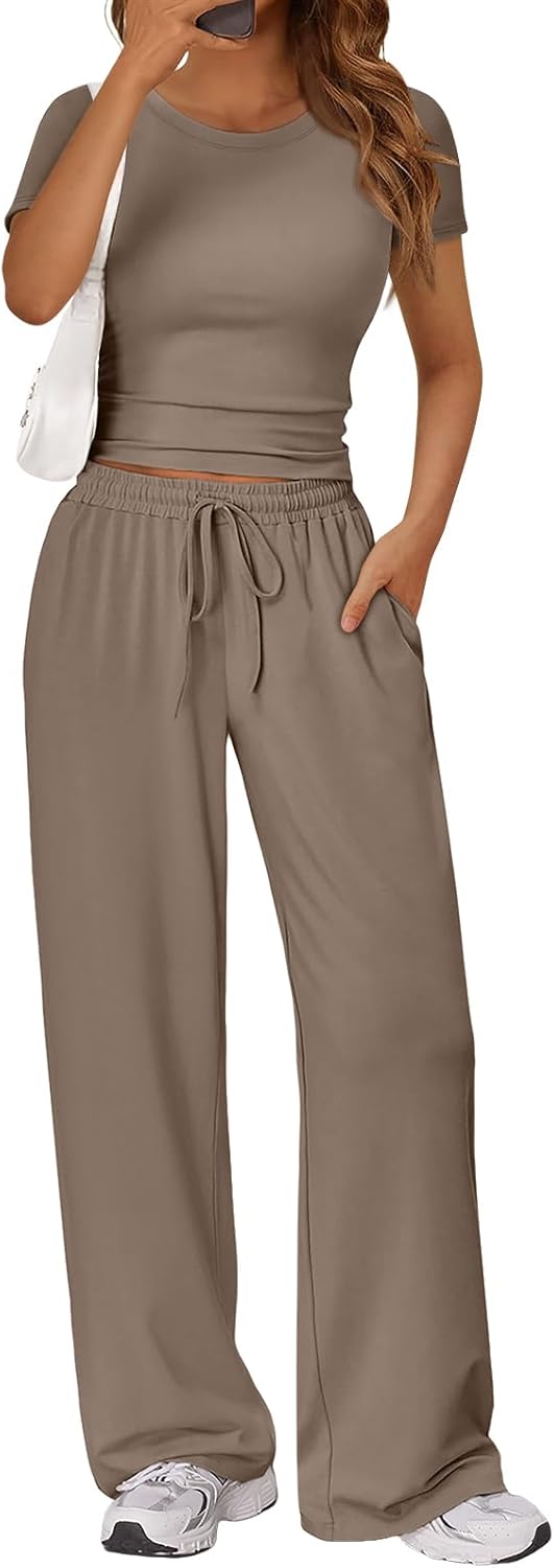 Trendy Queen 2 Piece Matching Summer Lounge Set Womens Side Ruching Top Wide Leg Pants Sets with Pockets