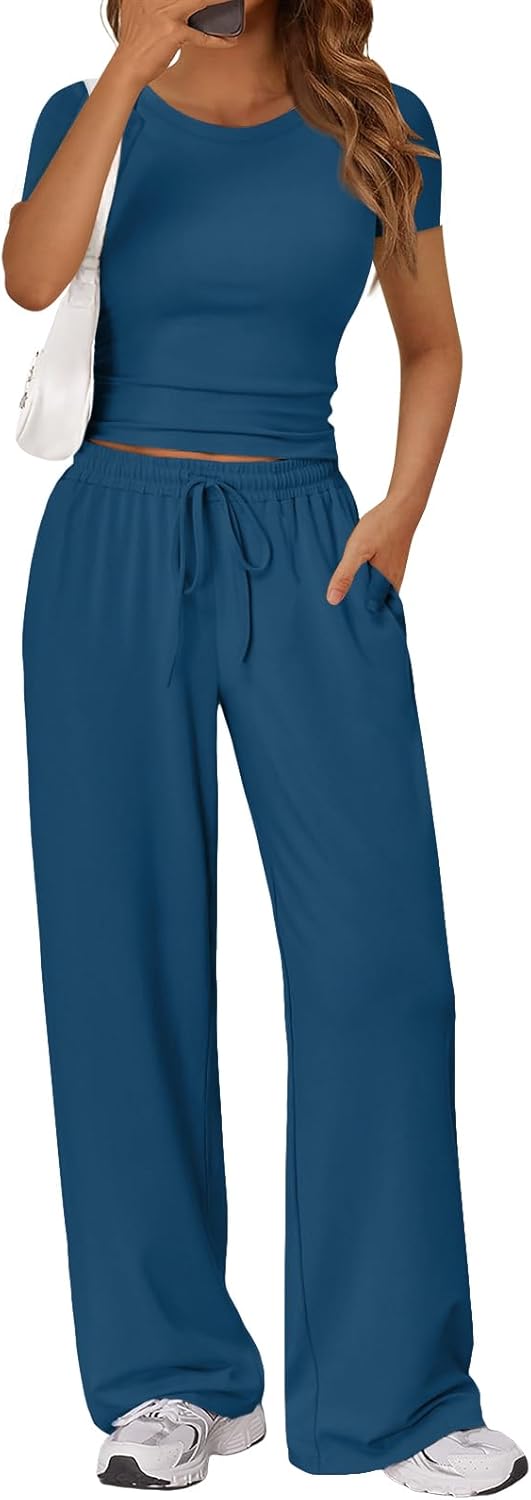Trendy Queen 2 Piece Matching Summer Lounge Set Womens Side Ruching Top Wide Leg Pants Sets with Pockets
