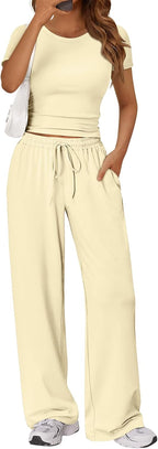 Trendy Queen 2 Piece Matching Summer Lounge Set Womens Side Ruching Top Wide Leg Pants Sets with Pockets