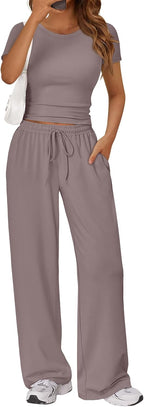 Trendy Queen 2 Piece Matching Summer Lounge Set Womens Side Ruching Top Wide Leg Pants Sets with Pockets