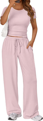 Trendy Queen 2 Piece Matching Summer Lounge Set Womens Side Ruching Top Wide Leg Pants Sets with Pockets