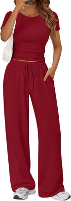 Trendy Queen 2 Piece Matching Summer Lounge Set Womens Side Ruching Top Wide Leg Pants Sets with Pockets