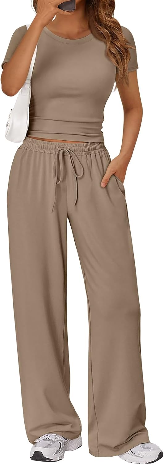Trendy Queen 2 Piece Matching Summer Lounge Set Womens Side Ruching Top Wide Leg Pants Sets with Pockets
