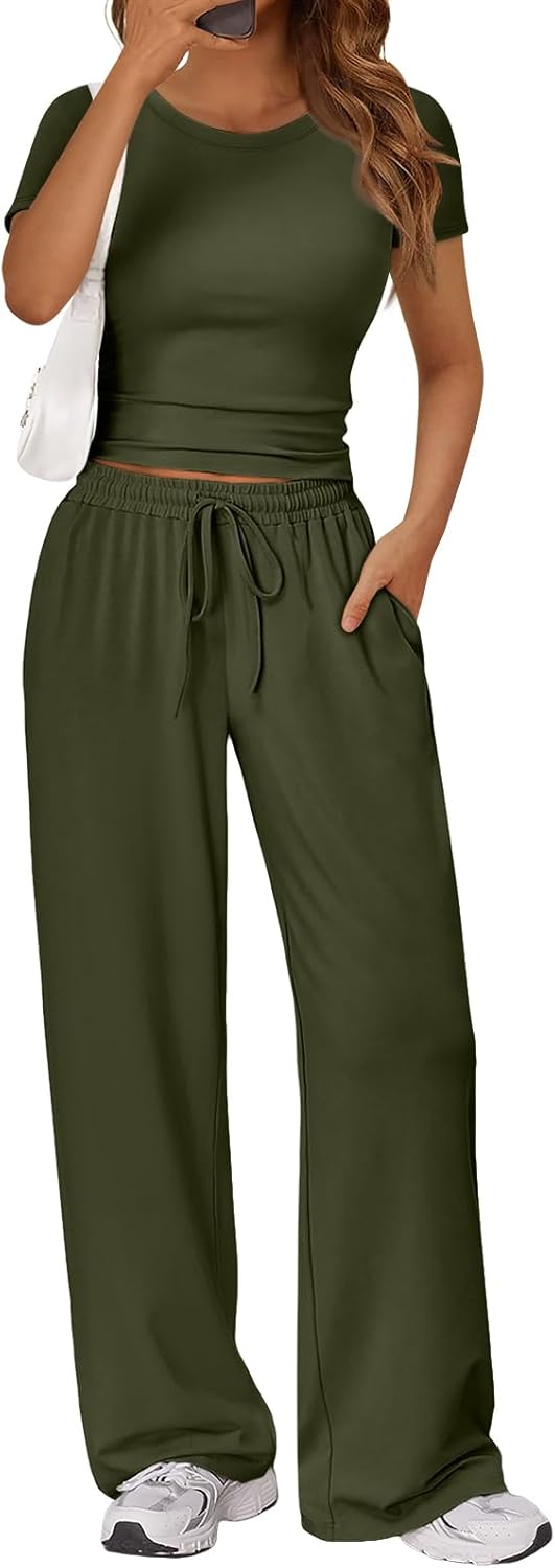 Trendy Queen 2 Piece Matching Summer Lounge Set Womens Side Ruching Top Wide Leg Pants Sets with Pockets