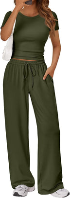 Trendy Queen 2 Piece Matching Summer Lounge Set Womens Side Ruching Top Wide Leg Pants Sets with Pockets