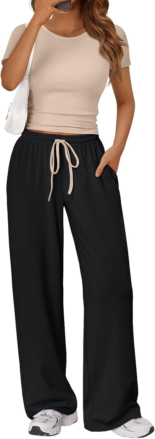 Trendy Queen 2 Piece Matching Summer Lounge Set Womens Side Ruching Top Wide Leg Pants Sets with Pockets