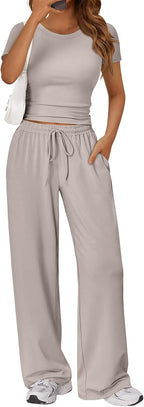 Trendy Queen 2 Piece Matching Summer Lounge Set Womens Side Ruching Top Wide Leg Pants Sets with Pockets