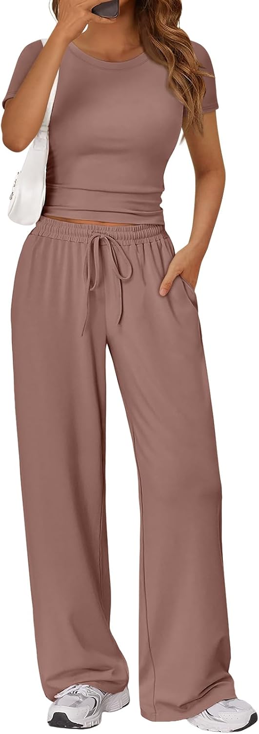 Trendy Queen 2 Piece Matching Summer Lounge Set Womens Side Ruching Top Wide Leg Pants Sets with Pockets