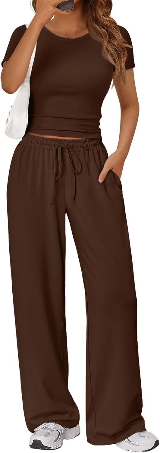 Trendy Queen 2 Piece Matching Summer Lounge Set Womens Side Ruching Top Wide Leg Pants Sets with Pockets