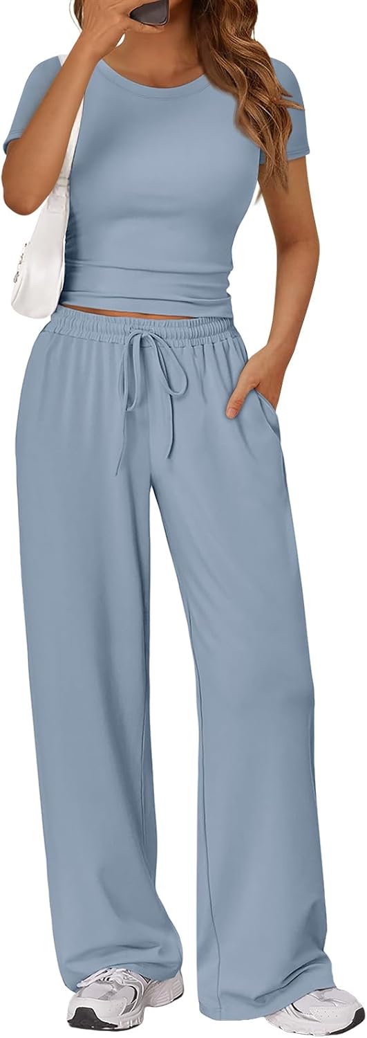 Trendy Queen 2 Piece Matching Summer Lounge Set Womens Side Ruching Top Wide Leg Pants Sets with Pockets