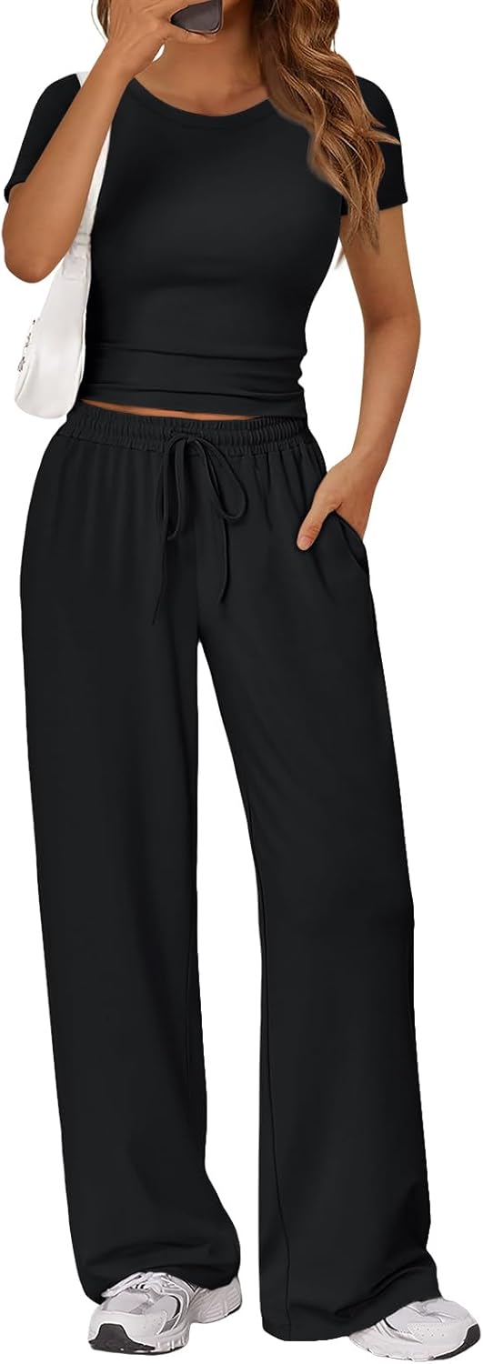 Trendy Queen 2 Piece Matching Summer Lounge Set Womens Side Ruching Top Wide Leg Pants Sets with Pockets