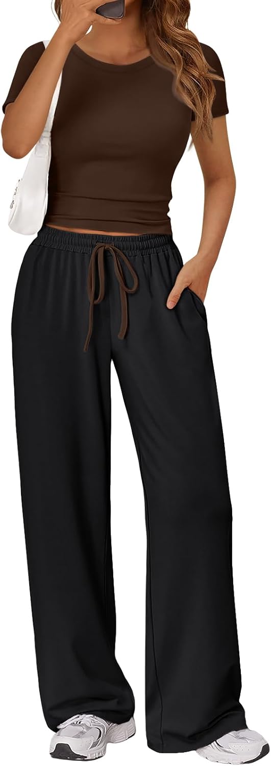 Trendy Queen 2 Piece Matching Summer Lounge Set Womens Side Ruching Top Wide Leg Pants Sets with Pockets