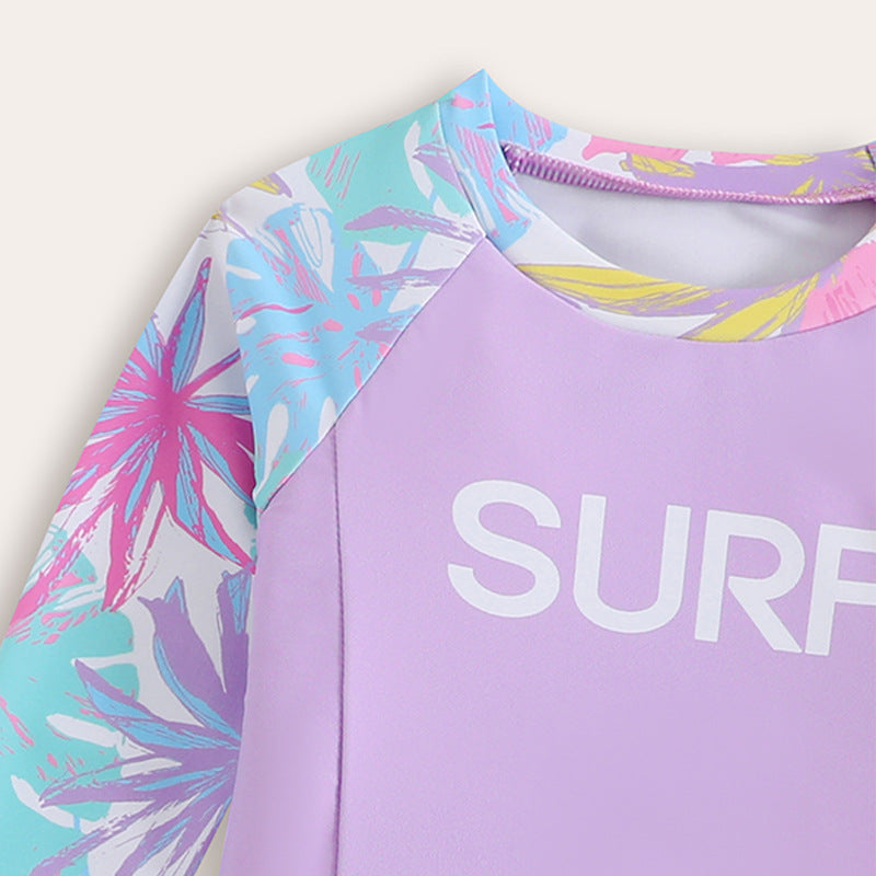 Cute Maple Leaf Print Long Sleeve Conservative Swimwear for Girls