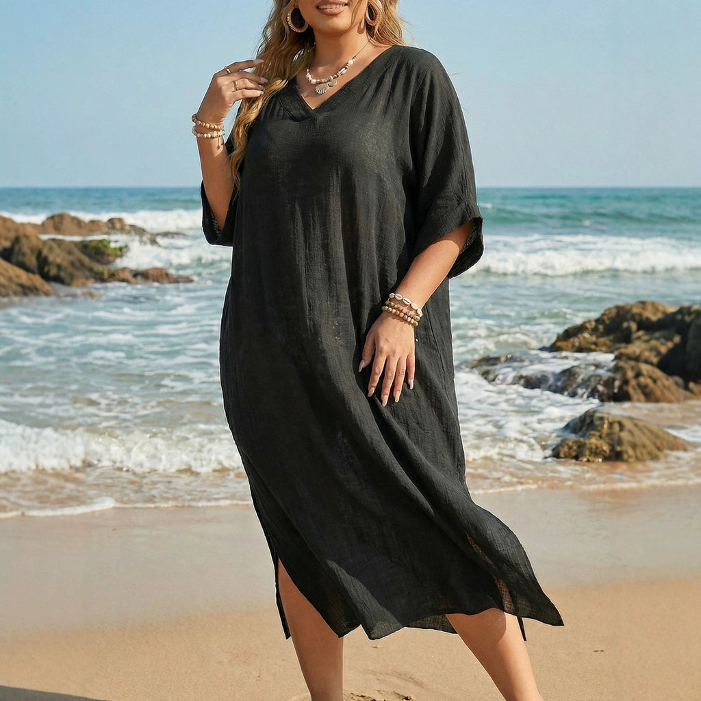Plus Size Women's Bikini Cover-up V-Neck Loose Casual Dress with Slit Floor-Length Beach Dress