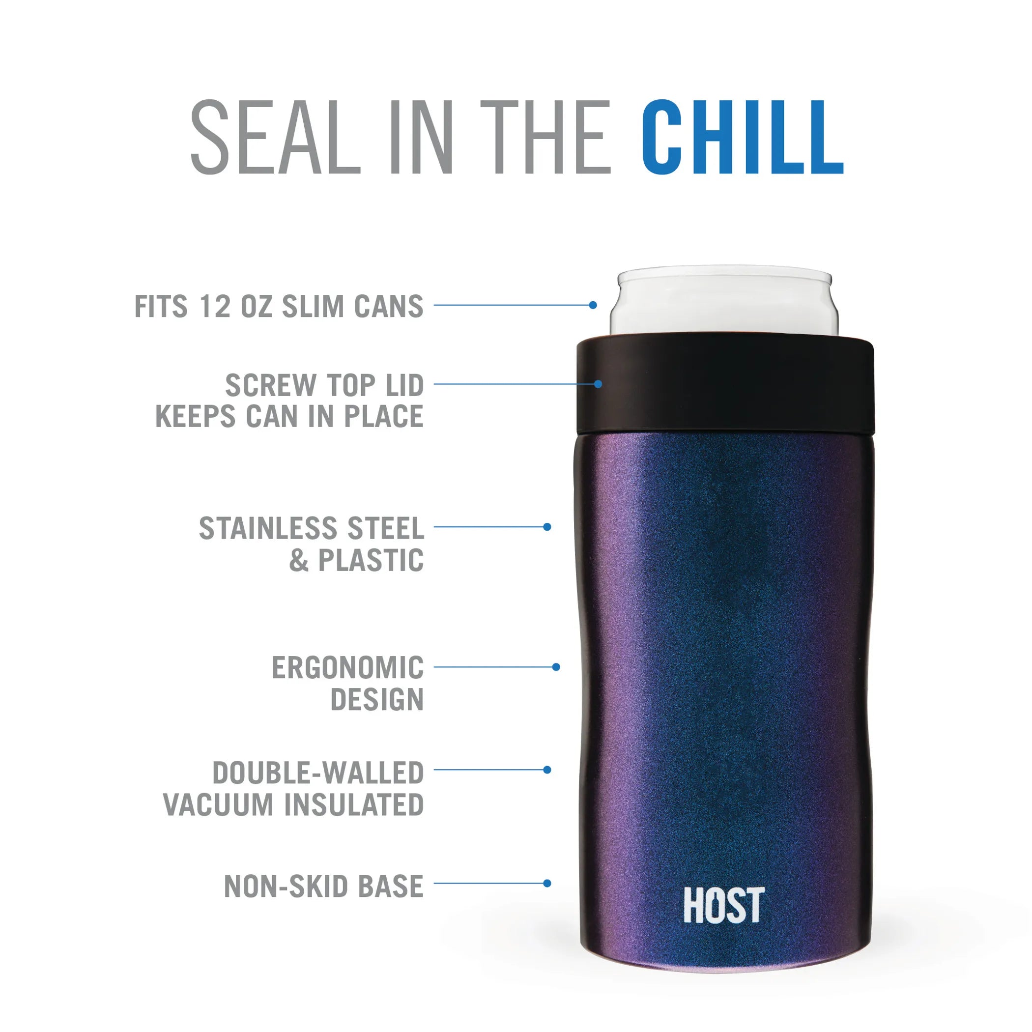 HOST Stay-Chill Slim Can Cooler – Double-Wall Stainless Steel Insulated Beverage Holder | Fits 12 oz Slim Cans | Galaxy Black
