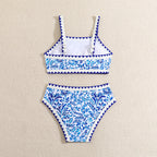 Printed Blue and White Porcelain Swimwear for Girls, Kids Beach Hot Spring Vacation Bikini Swimsuit