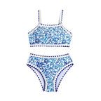 Printed Blue and White Porcelain Swimwear for Girls, Kids Beach Hot Spring Vacation Bikini Swimsuit